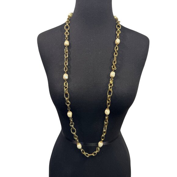 Gold Tone Chunky Faux Pearl Long Chain Necklace Statement Jewelry - Picture 1 of 4
